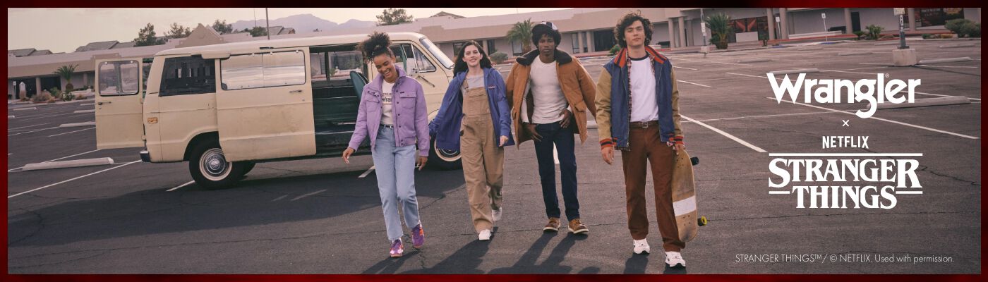 Wrangler takes you back to Hawkins. / Relive the iconic 80s style with this brilliant collection. / Discover now!