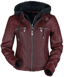 Red Faux Leather Jacket with Hood, Black Premium by EMP, Imitation Leather Jacket