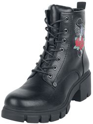 Black lace-up boots with rose print and rhinestones, Rock Rebel by EMP, Boot